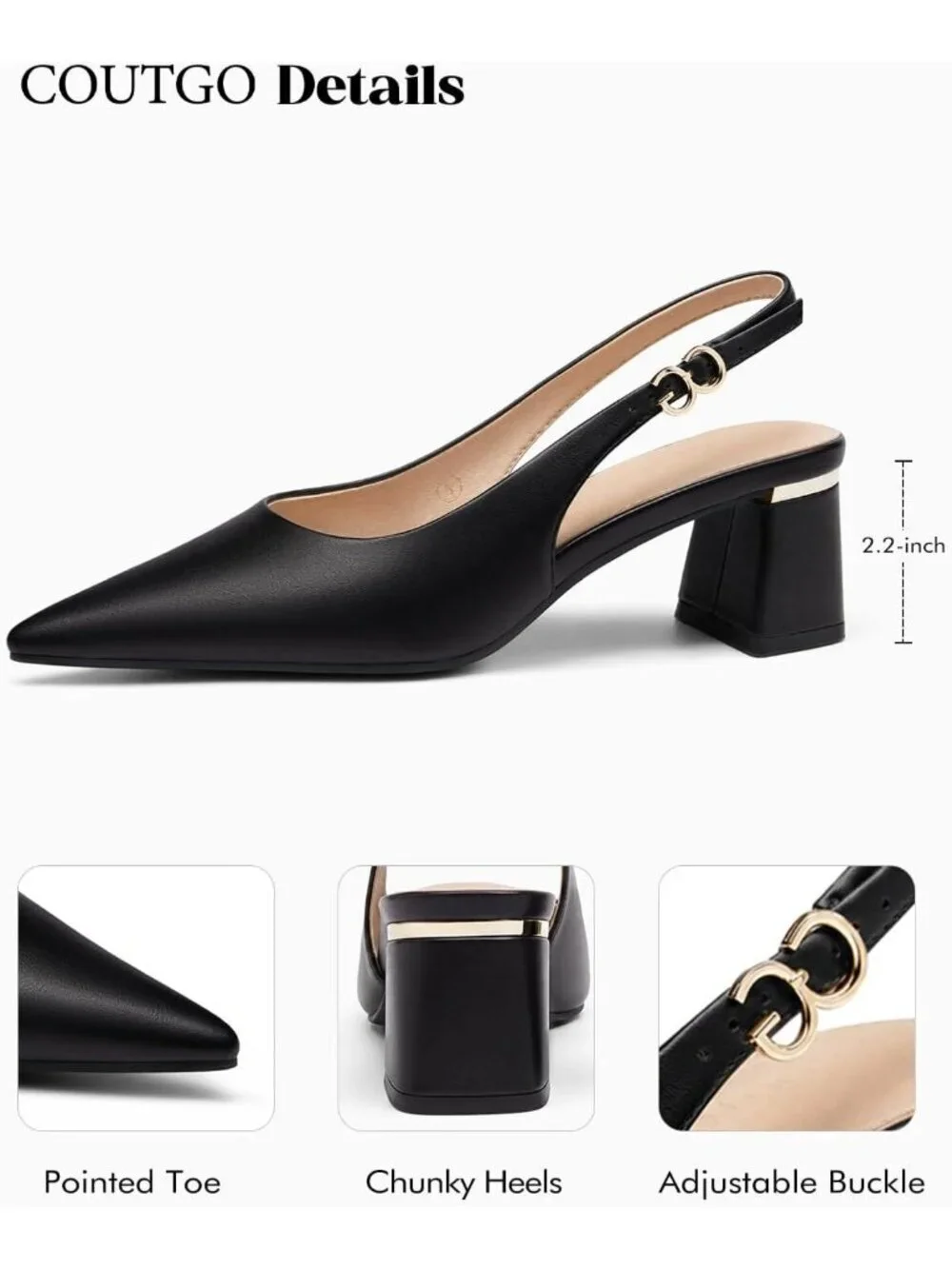 Women's Black Chunky Heels Pointed Closed Toe Pumps Adjustable Strap Shoes